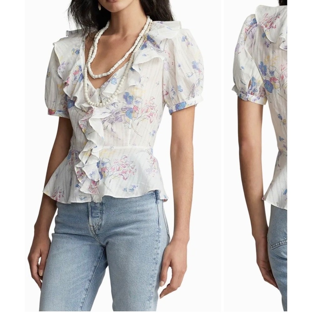 Polo Ralph Lauren Ruffle Floral Peplum Blouse, Womens 2 White Multi NEW